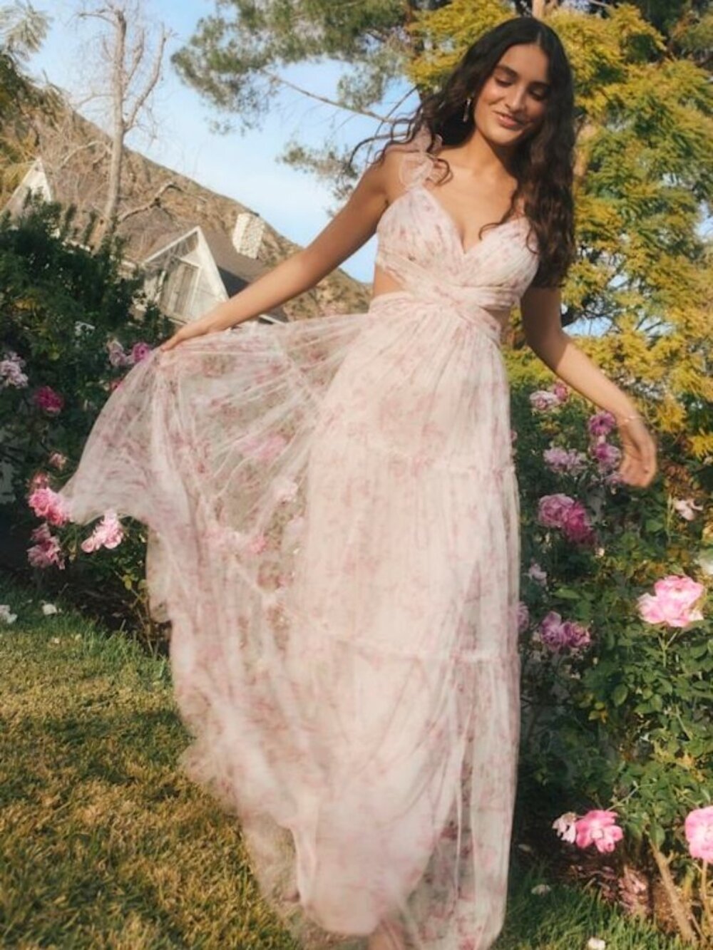 Lulus Ethereal Love Blush Floral Pleated Tiered Tie-back Maxi Dress Pink